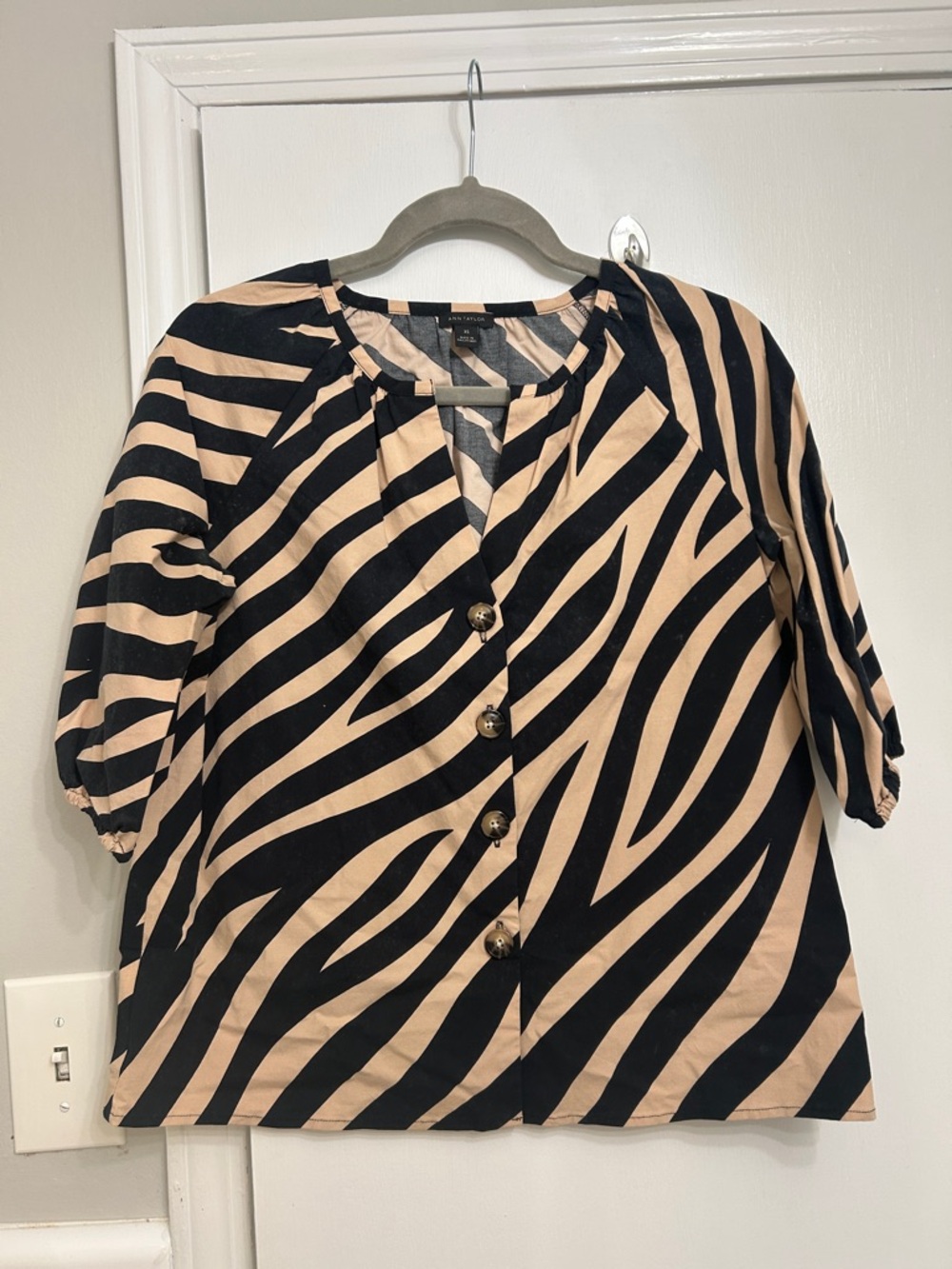Ann Taylor Button-Front Zebra Print Blouse in Beige and Black